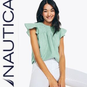 Nautica Women’s M Striped Smocked Top Spinner Green
